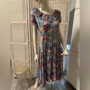 VINTAGE DRESS 1950s 1960s Blue floral Cabbage Roses Conservative Wedding